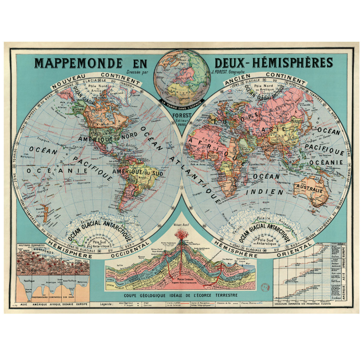Affiche Mappemonde en deux Hémisphères Les Jolies Planches 80x60 cm –  Decoclico