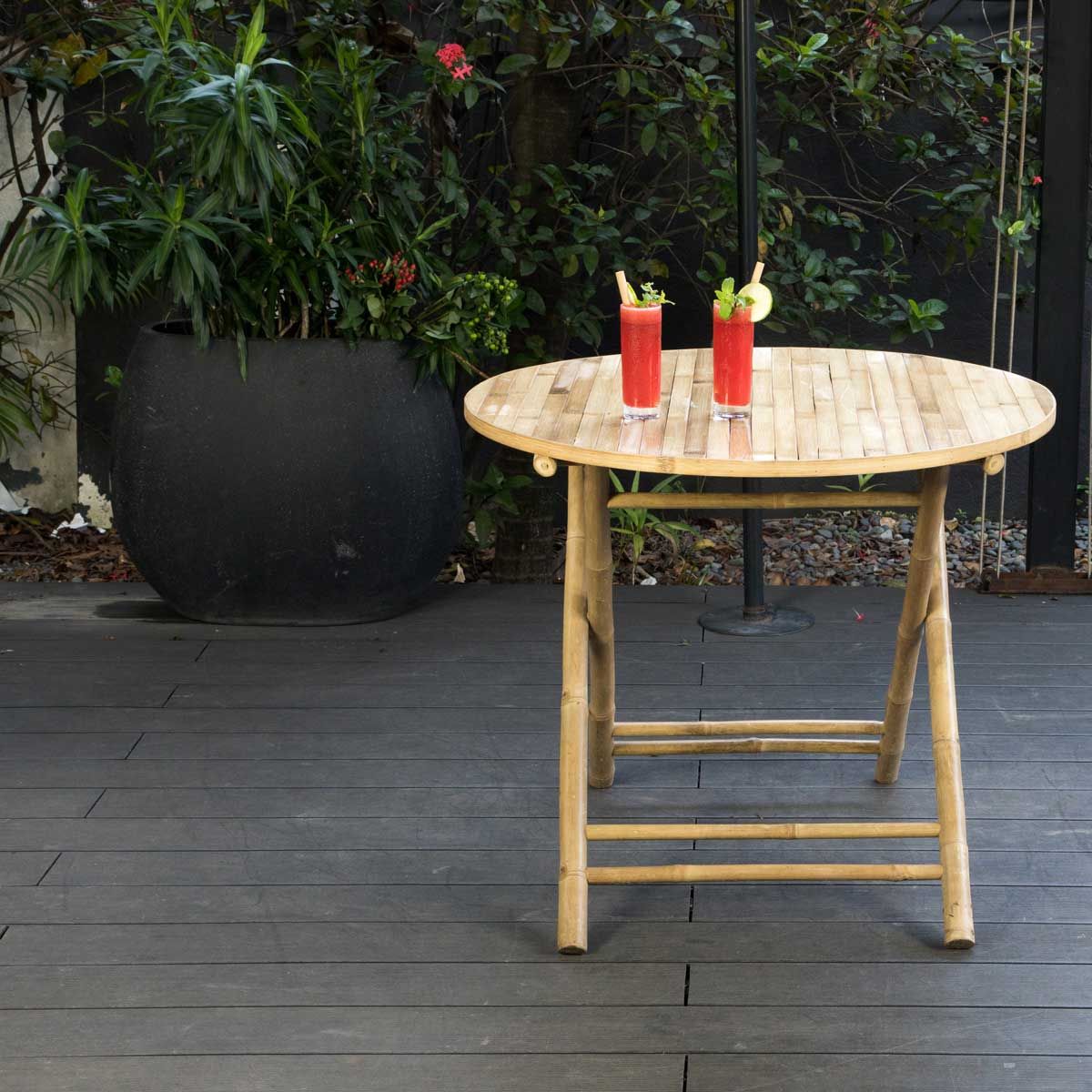 Table de jardin en teck en résine tressée ronde pliante