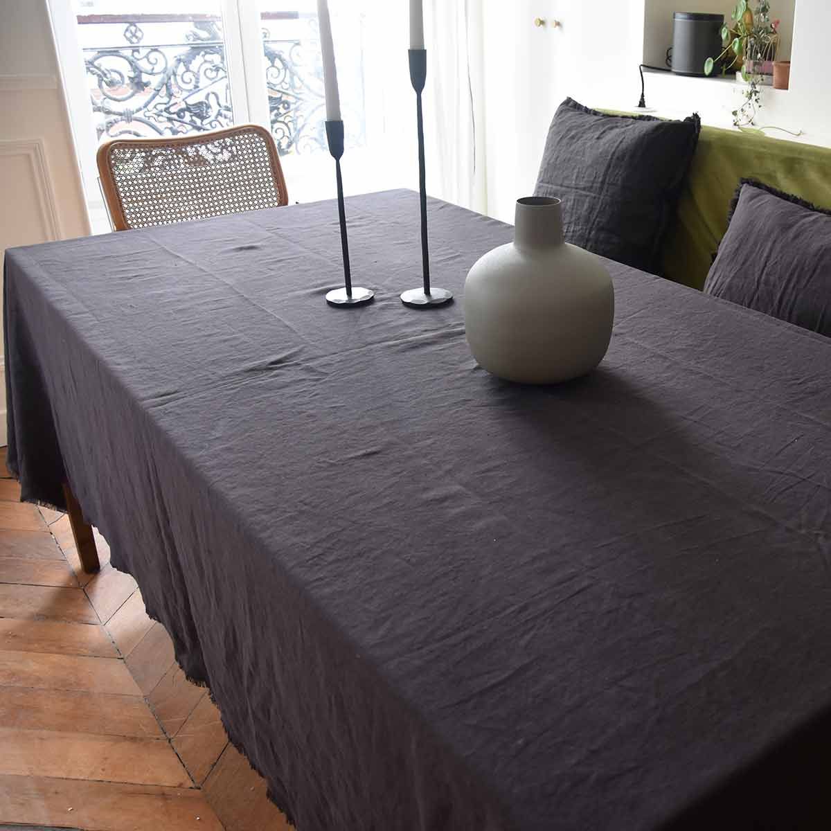 Nappe ou rideau en lin lavé blanc surjet charbon Oslo – Decoclico