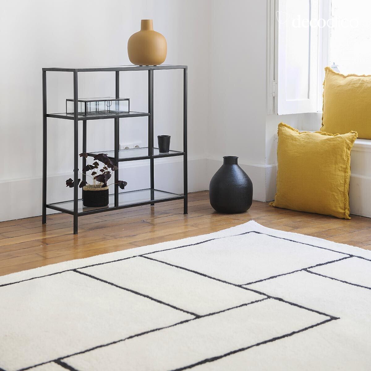 100% wol handgeweven vloerkleed met zwart patroon 140 x 200 cm Bergen