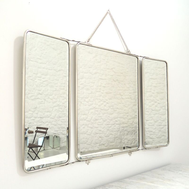 3-sided barber's mirror with nickel silver frame and chain 87 x 55 cm Chaumont