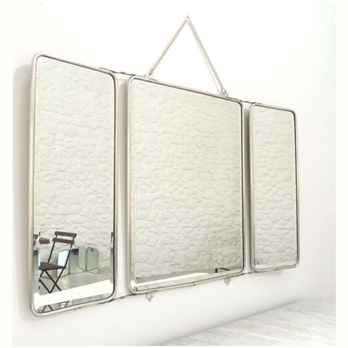 3-sided barber's mirror with nickel silver frame and chain 87 x 55 cm Chaumont