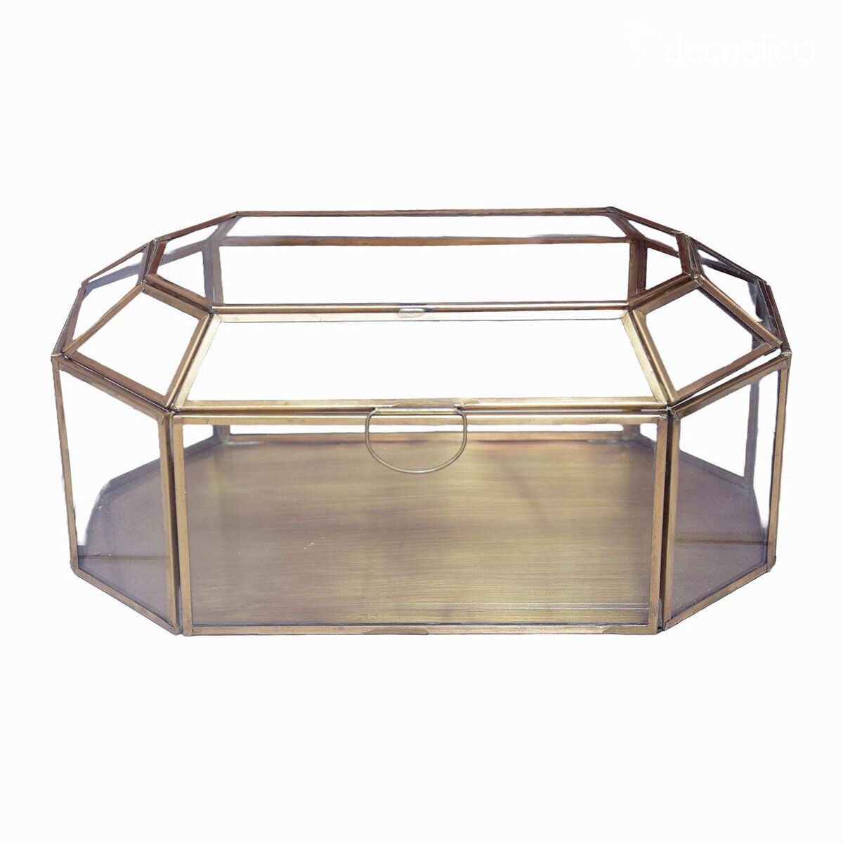 Achteckige Schmuckschatulle aus mattiertem Goldmetall und Glas Mira