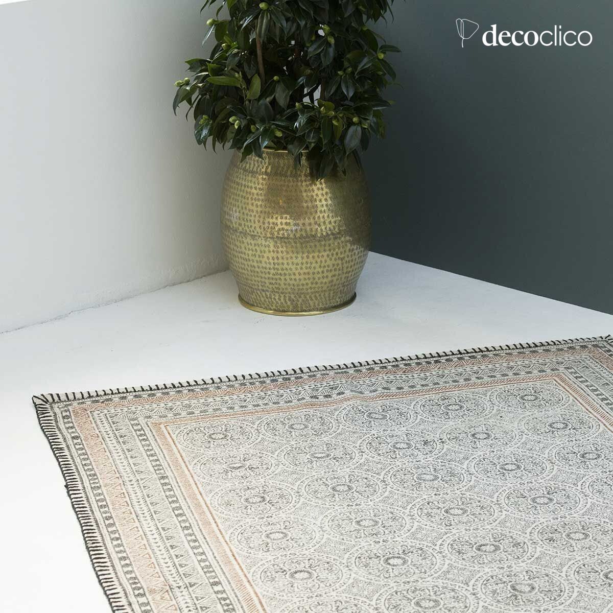 Alfombra de algodón tejida a mano con estampado block print crudo con motivos antracita 140 x 200 Bergen