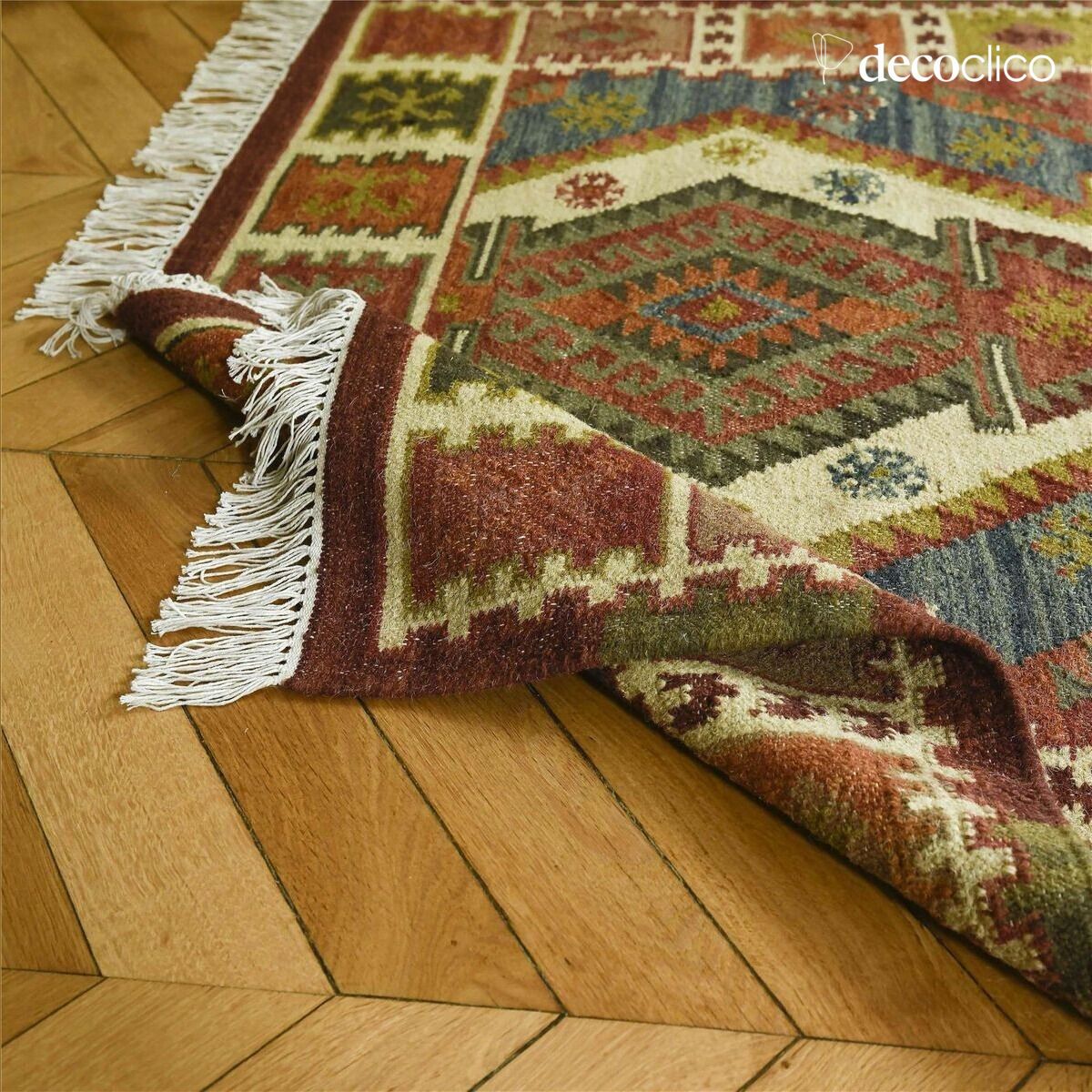 Alfombra rectangular de algodón y lana con motivos kilim de colores tejida a mano 140 x 20 Fro