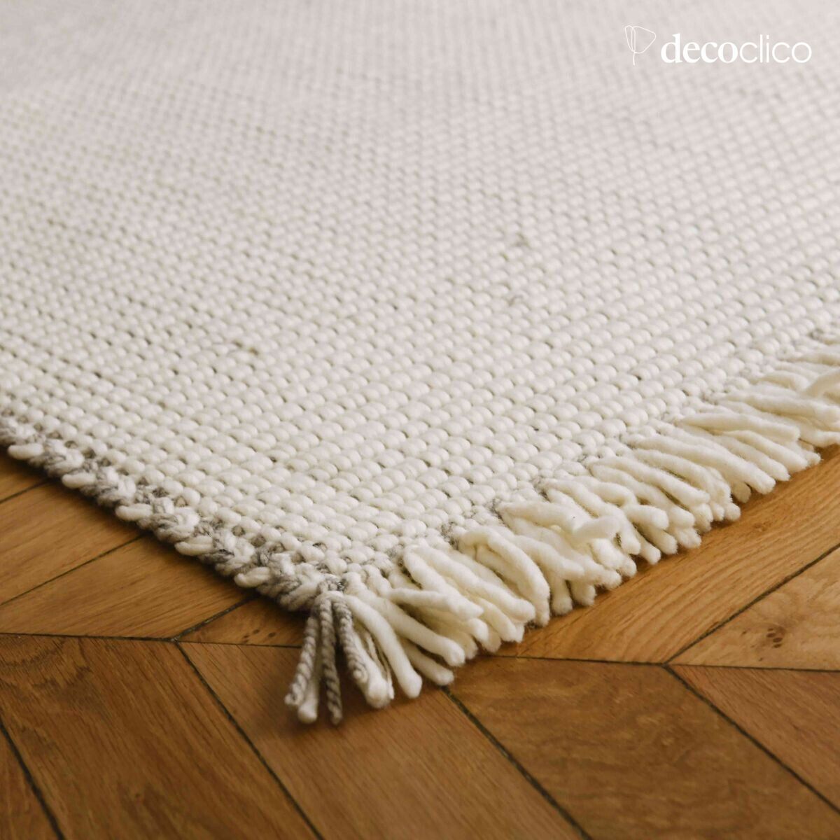 Alfombra rectangular de lana trenzada cruda y gris tejida a mano 140 x 200 cm