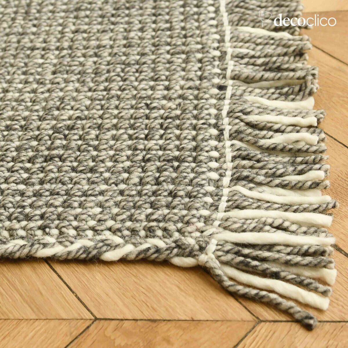 Alfombra rectangular de lana trenzada cruda y gris tejida a mano 160 x 230 cm Fro