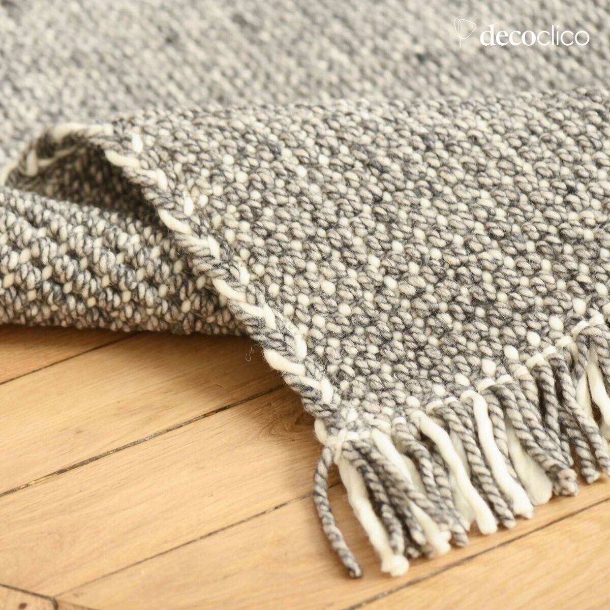 Alfombra rectangular de lana trenzada cruda y gris tejida a mano 160 x 230 cm Fro