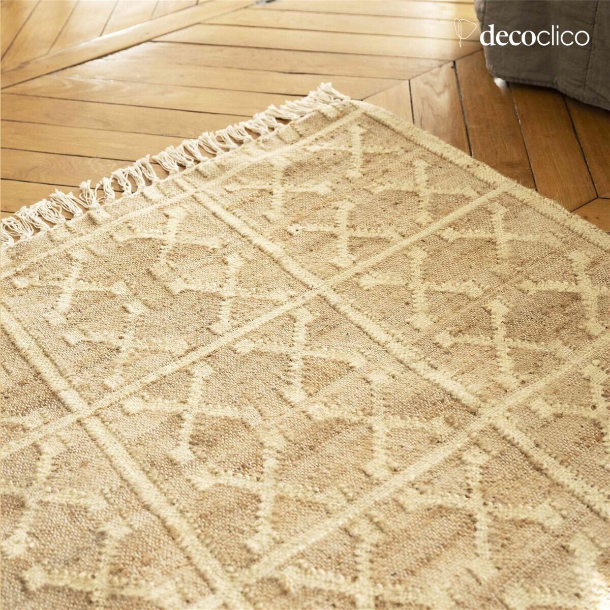 Alfombra rectangular de yute y algodón trenzados con motivos de cruces de color arena tejida a mano Fro