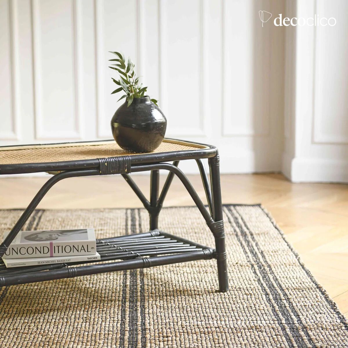 Alfombra rectangular de yute y algodón trenzados crudos y negros tejidos a mano 200 x 300 c Bergen