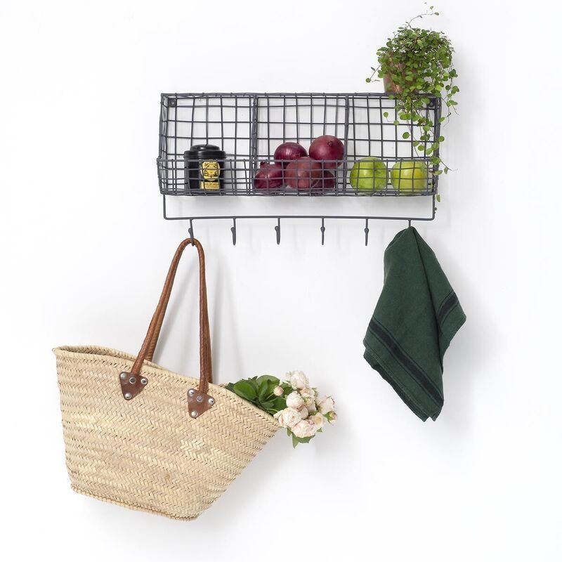 Anthracite metal mesh wall shelf with 3 baskets Greed