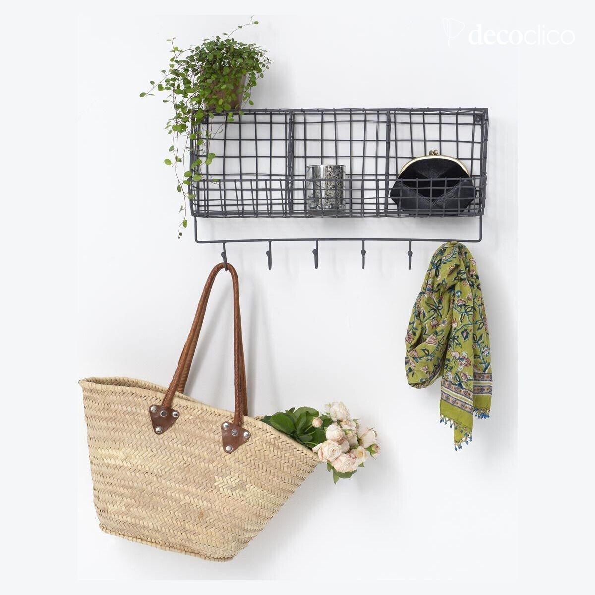 Anthracite metal mesh wall shelf with 3 baskets Greed