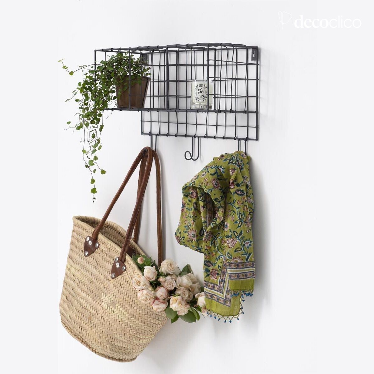 Anthracite metal mesh wall shelf with 3 baskets and hooks Greed