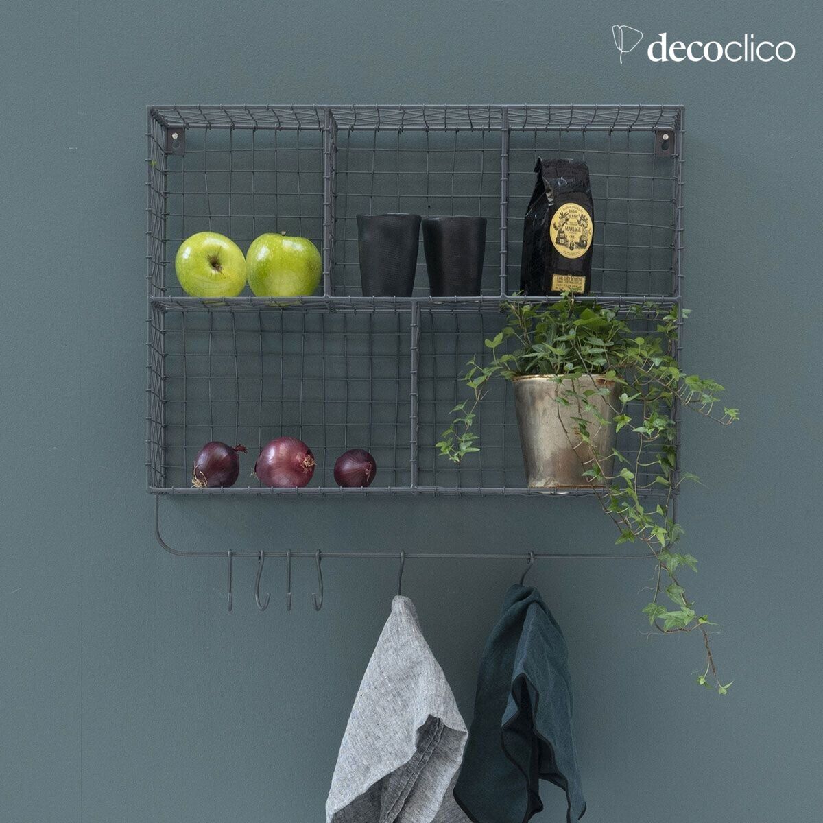 Anthracite metal mesh wall shelf with 5 baskets Greed