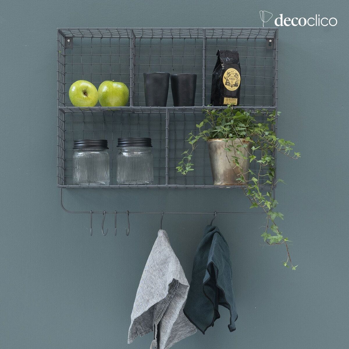 Anthracite metal mesh wall shelf with 5 baskets Greed