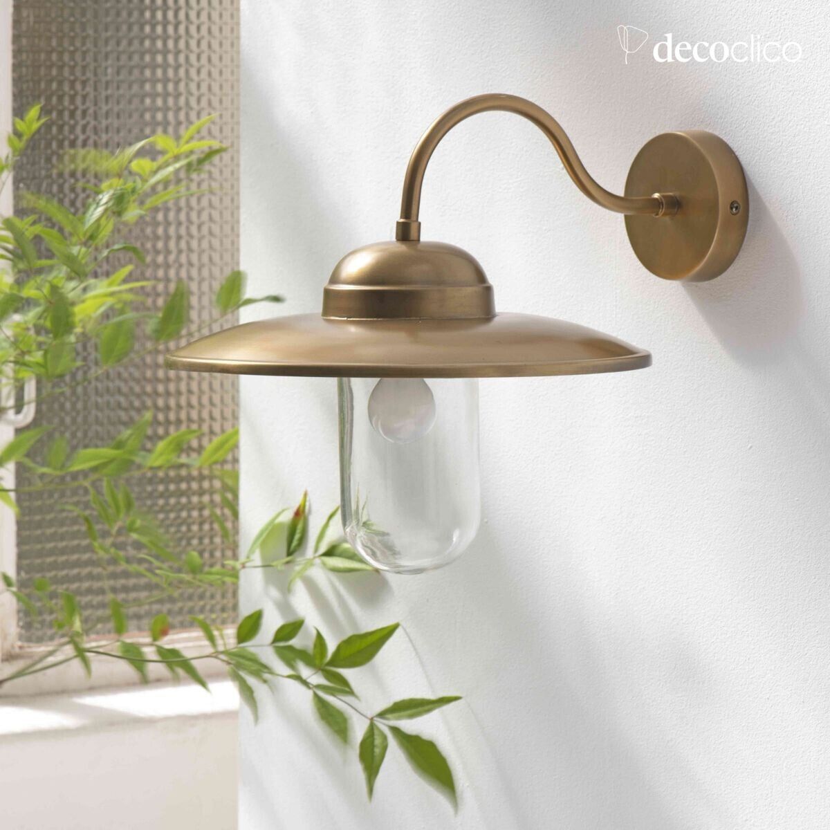 Antique brass-colored metal gooseneck wall light