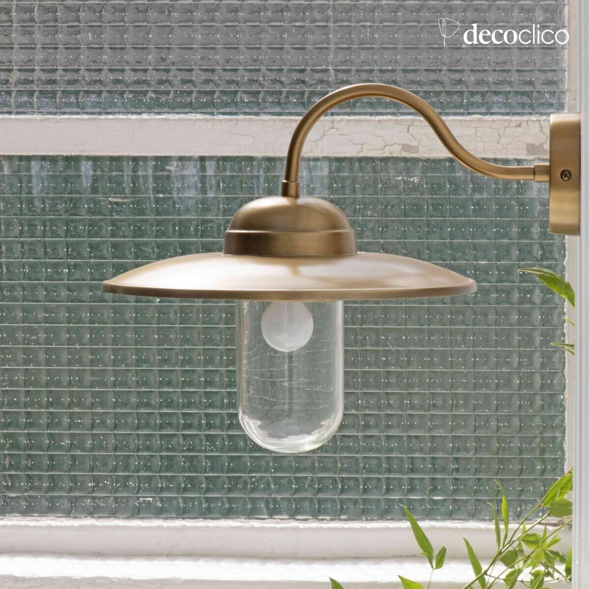 Antique brass-colored metal gooseneck wall light