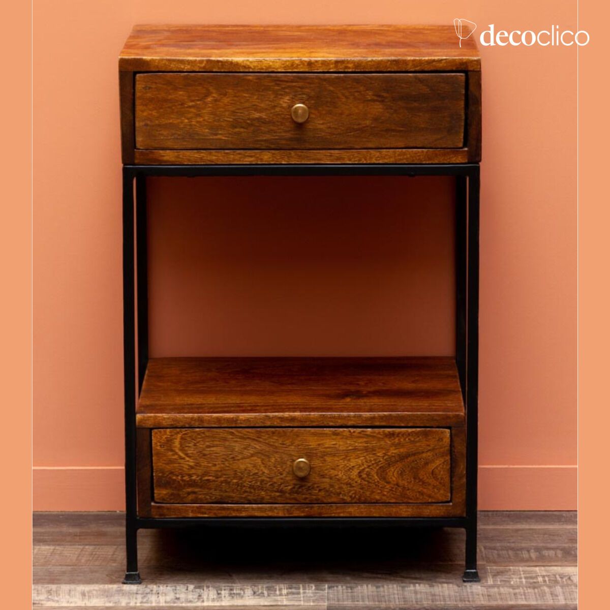 Mango and metal 2-drawer bedside table Arabica