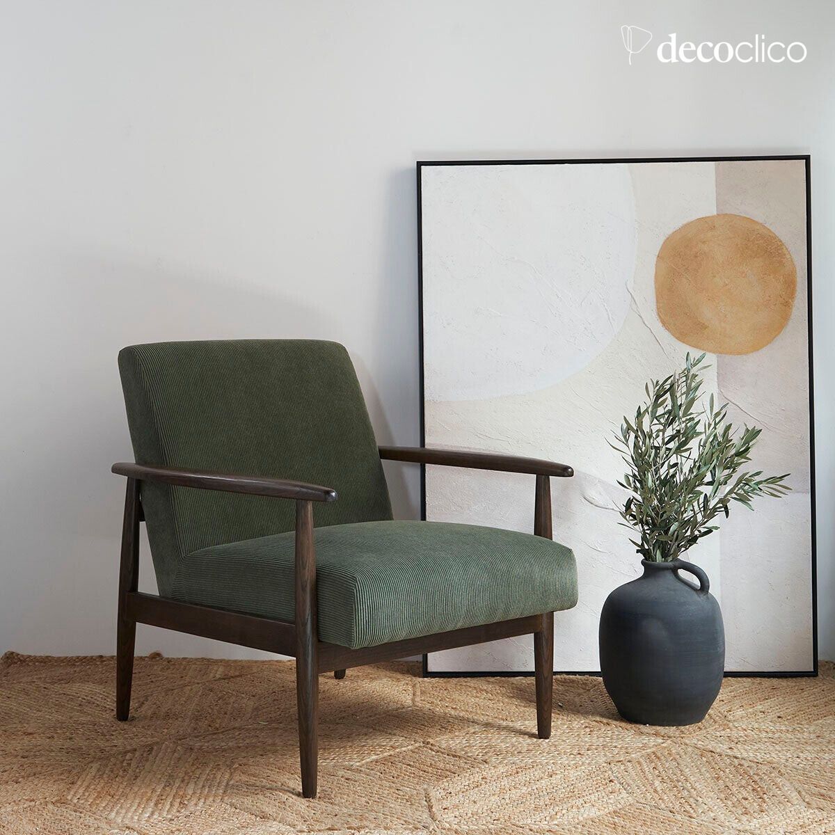 Armchair in ash and khaki corduroy