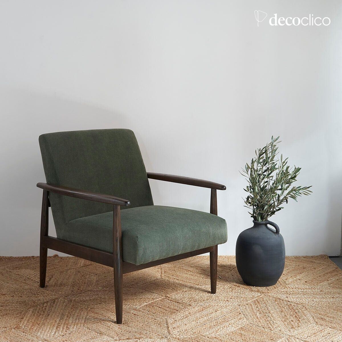 Armchair in ash and khaki corduroy