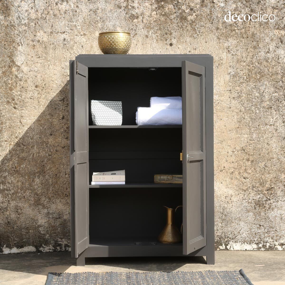 Armoire basse lingère en pin maritime gris foncé Léandre