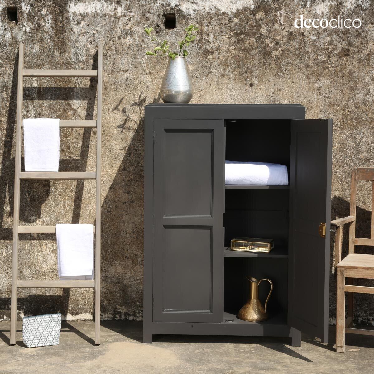 Armoire basse lingère en pin maritime gris foncé Léandre