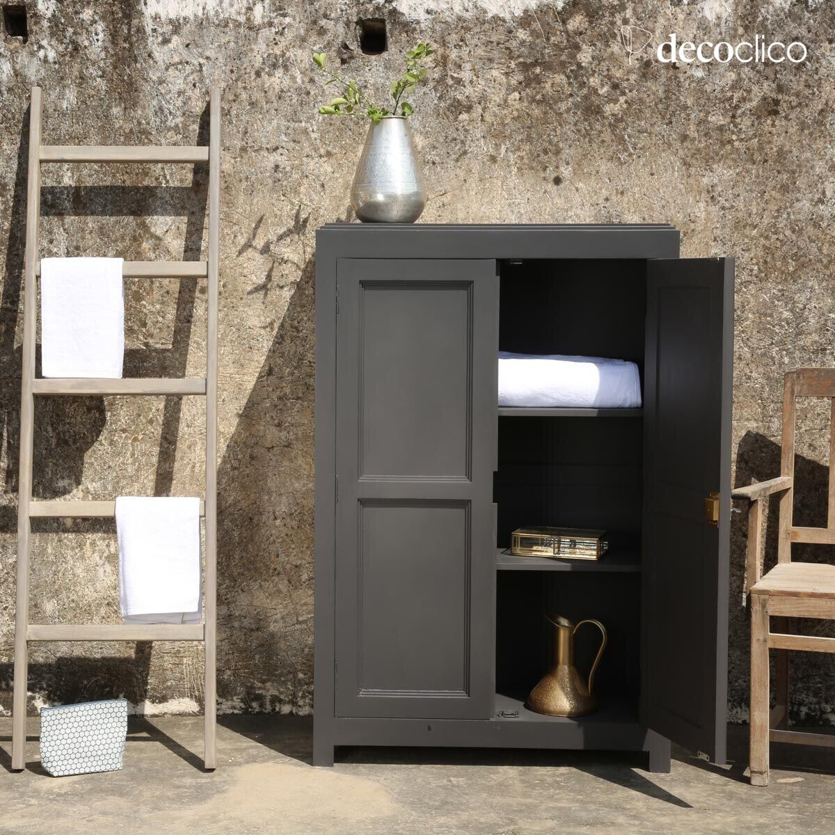 Armoire basse lingère en pin maritime gris foncé Léandre