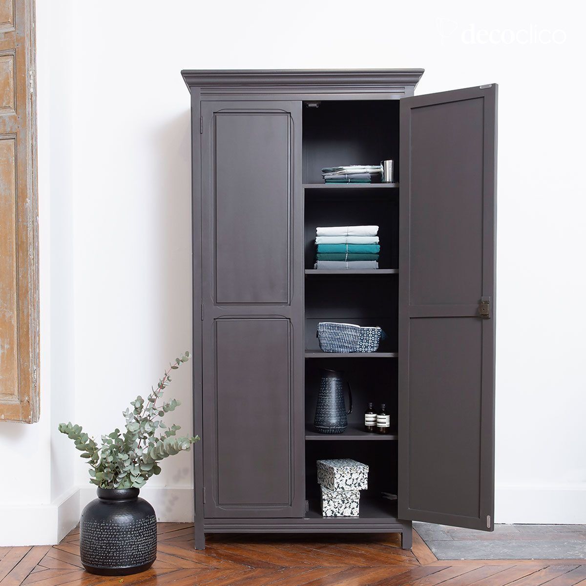 Armoire parisienne gris foncé 2 portes penderie étagères Léandre