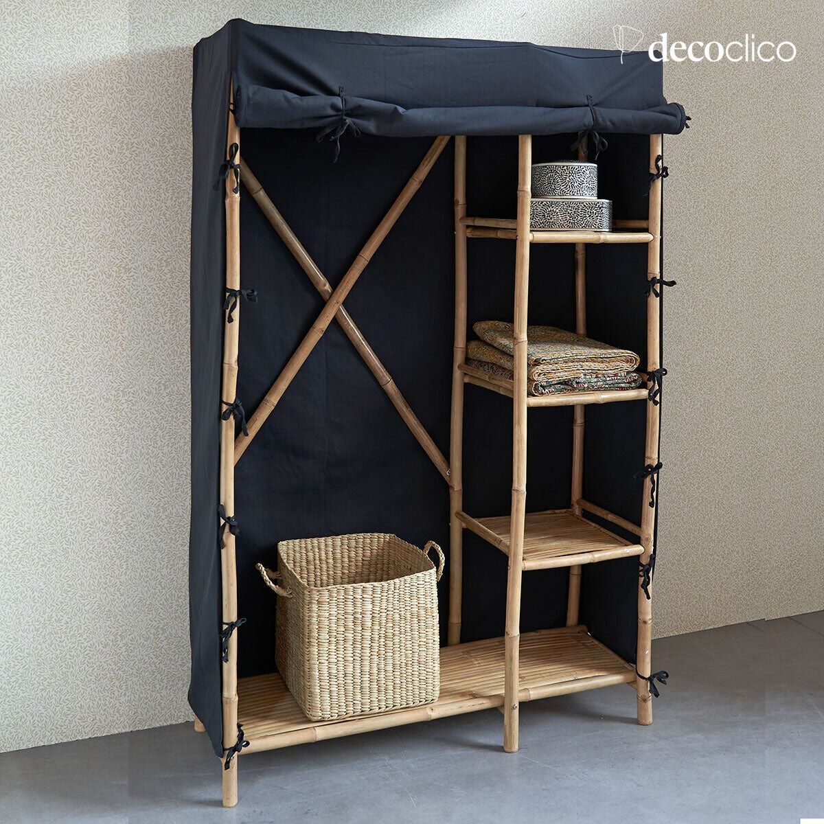 Armoire penderie en bambou et tissu noir Taman