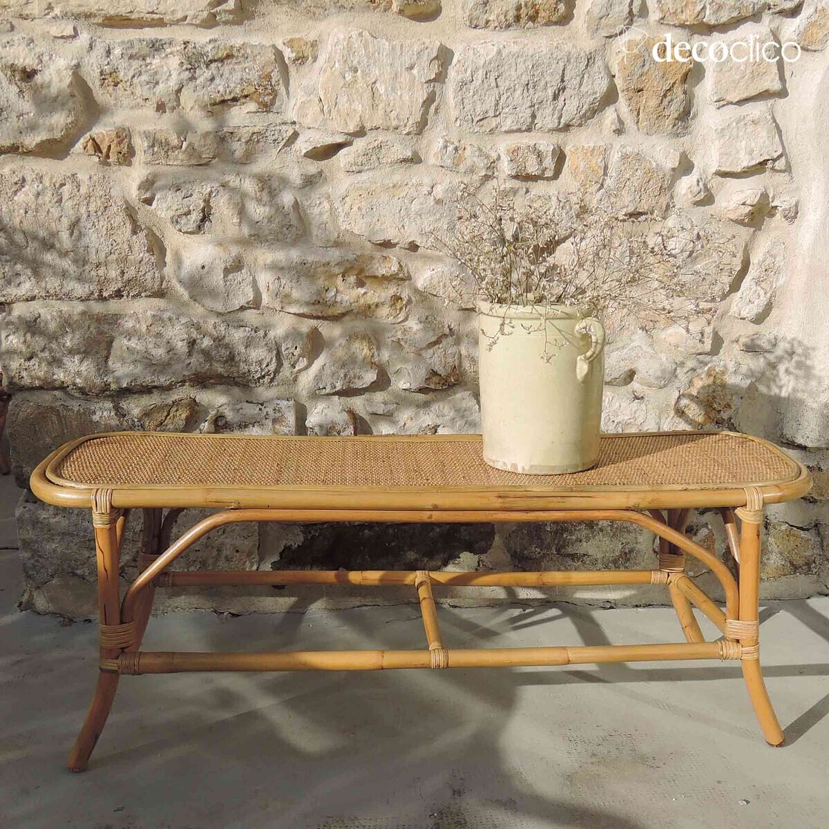 Banc bout de lit coins arrondis en rotin naturel tressé Pavone