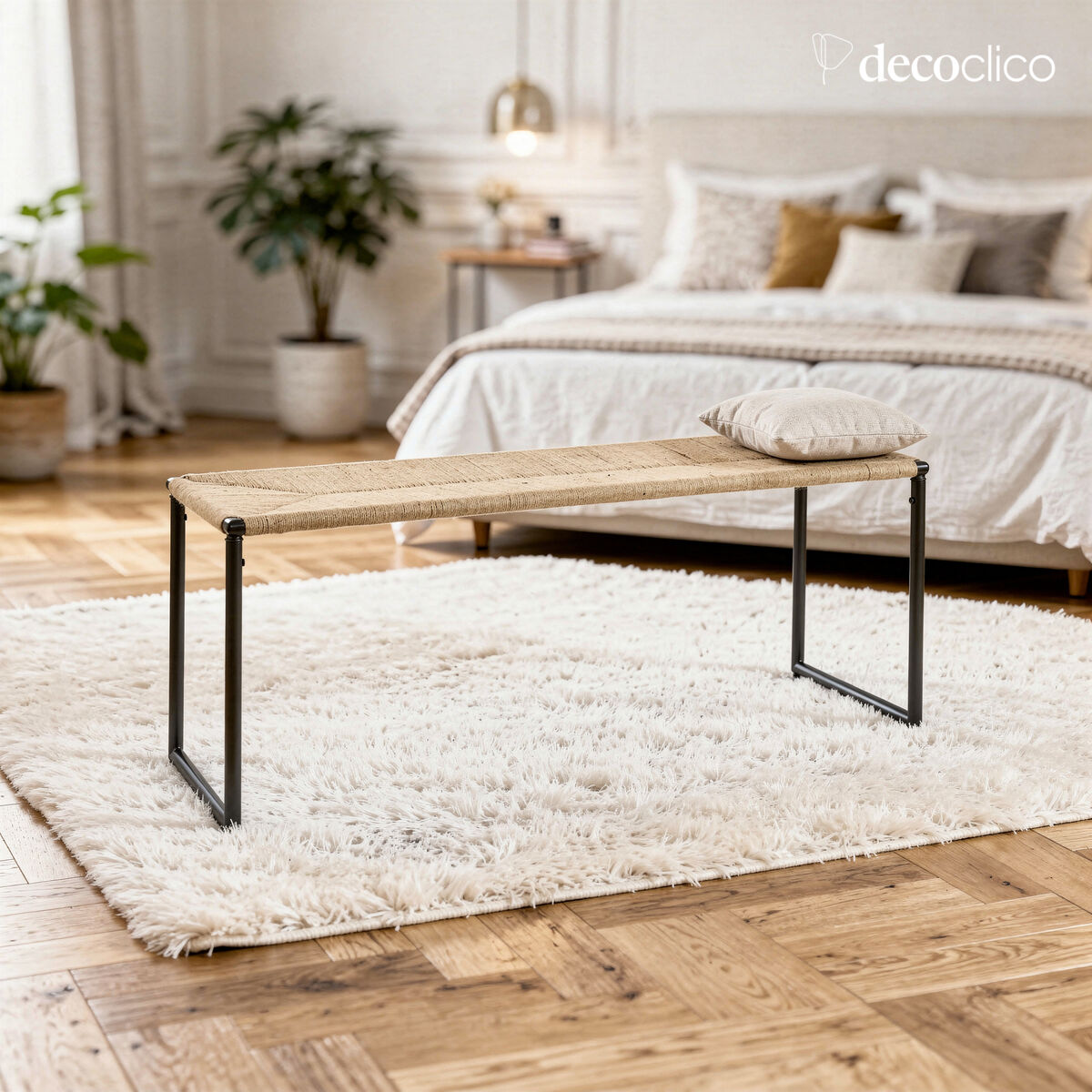 Banc bout de lit en métal noir mat et corde