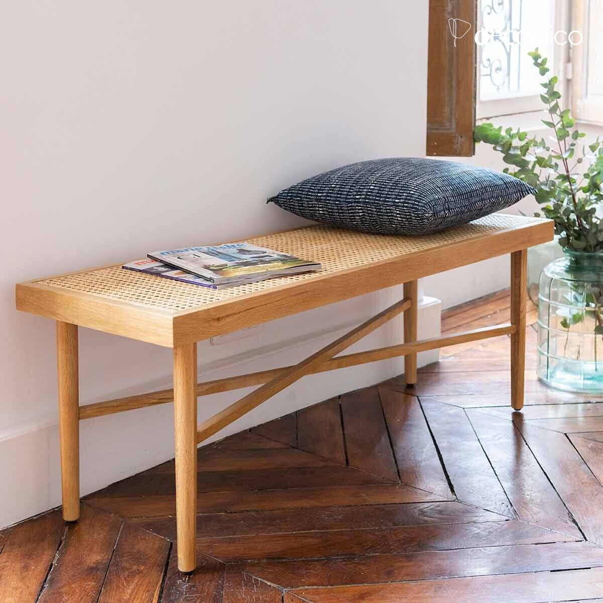 Banc en plaqué chêne et cannage en rotin Duncan