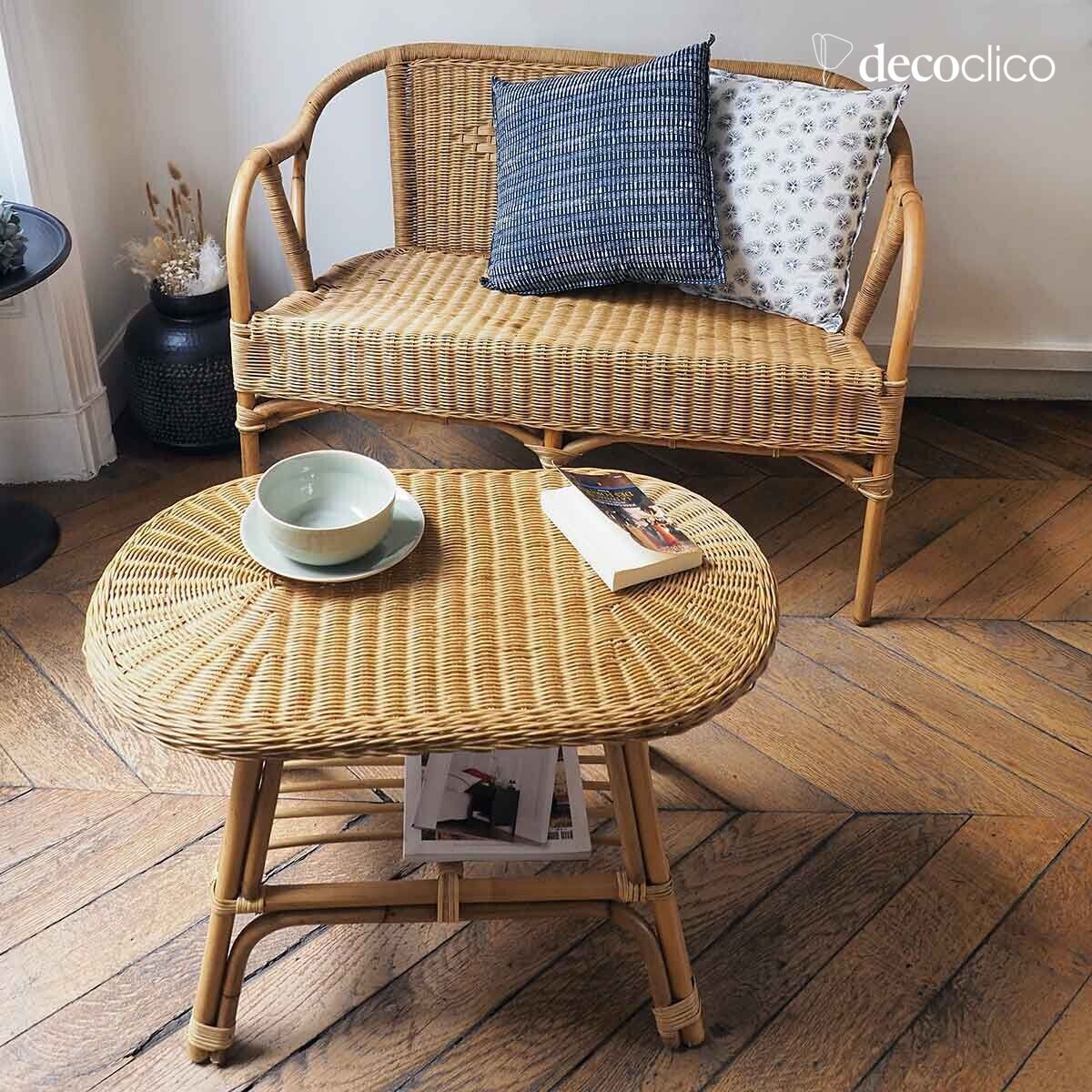 Banqueta de ratán natural con reposabrazos y asiento trenzado Cabourg