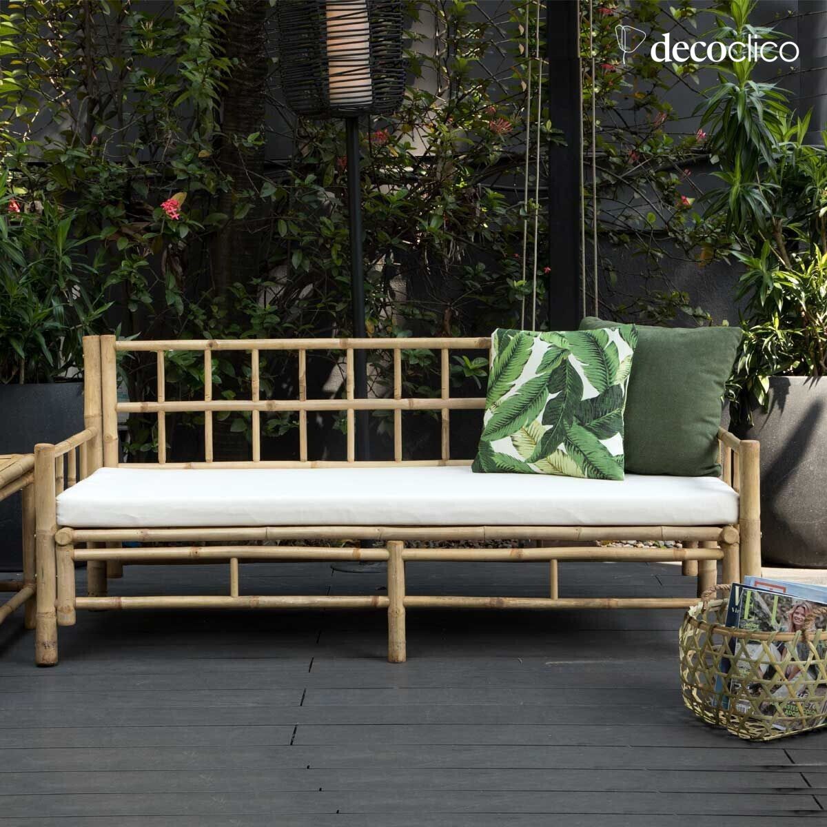 Banquette de jardin en bambou naturel avec coussin écru en coton canvas Taman