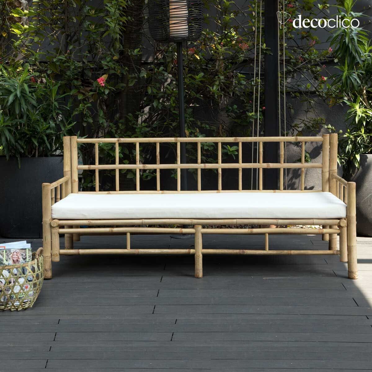 Banquette de jardin en bambou naturel avec coussin écru en coton canvas Taman