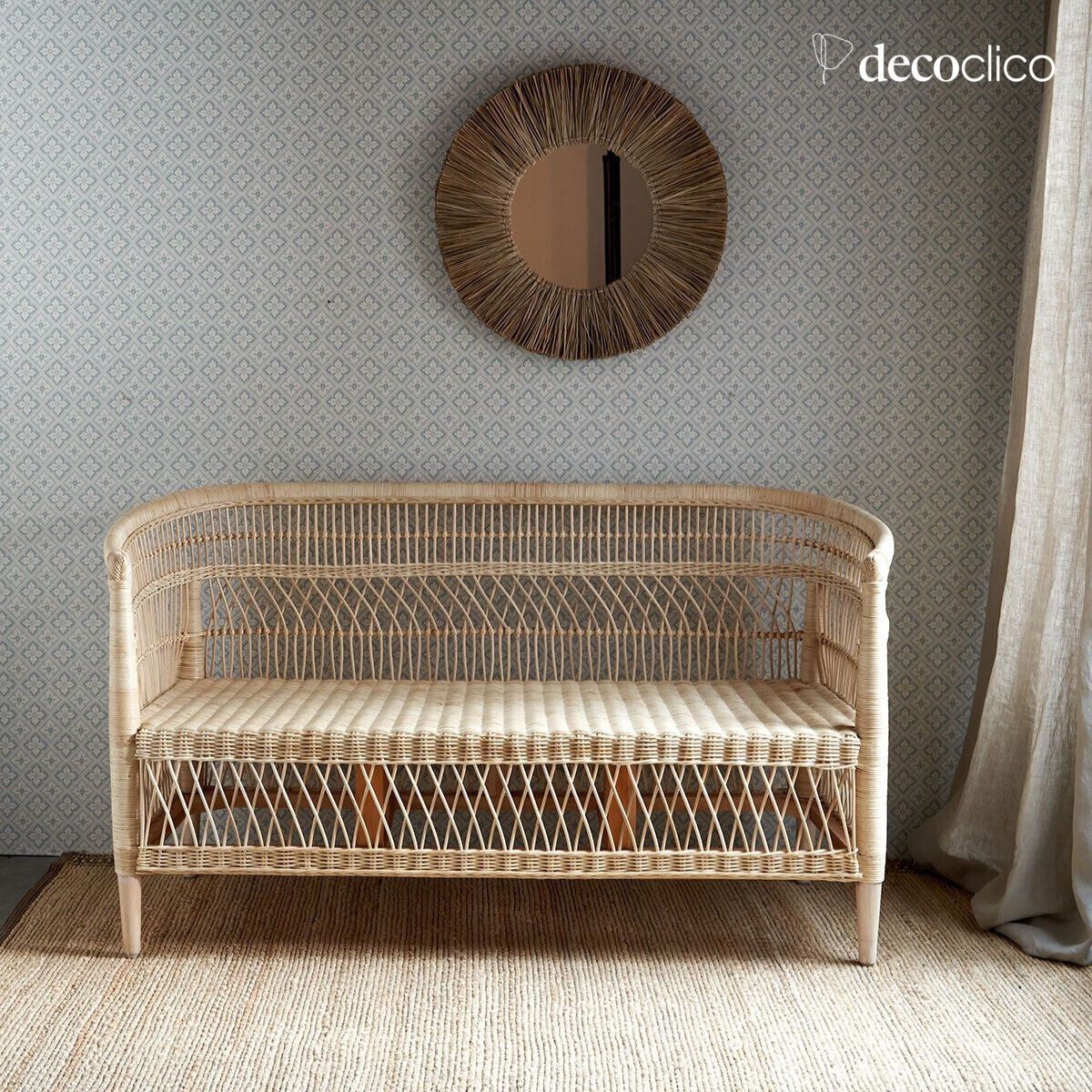 Banquette inspiration Malawi en rotin et coussin d'assise en toile chevron