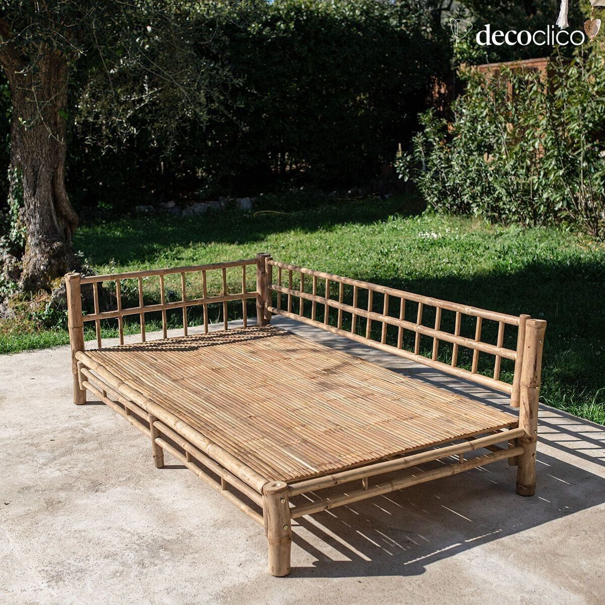 Banquette méridienne de jardin en bambou naturel avec coussin écru, Côté droit Taman