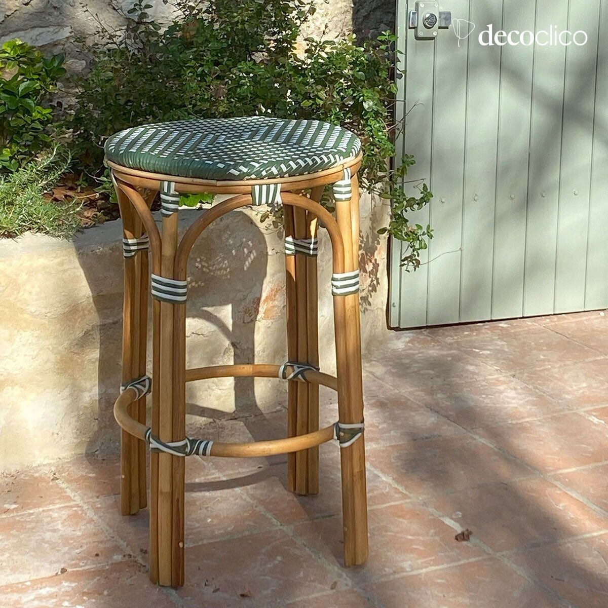 Bar stool in rattan and woven resin, green and white Belleville