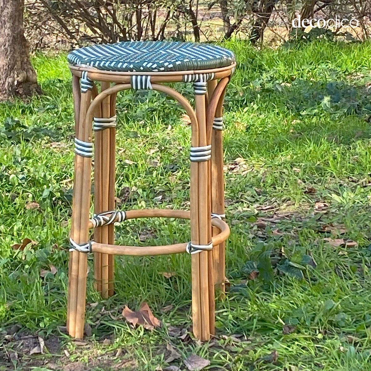 Bar stool in rattan and woven resin, green and white Belleville