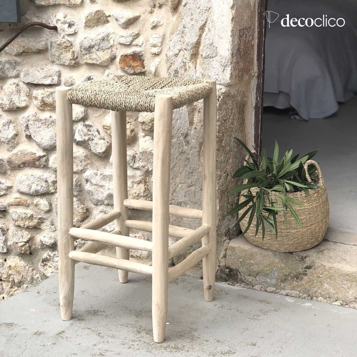 Barhocker aus Teakholz und Seegras Pepper