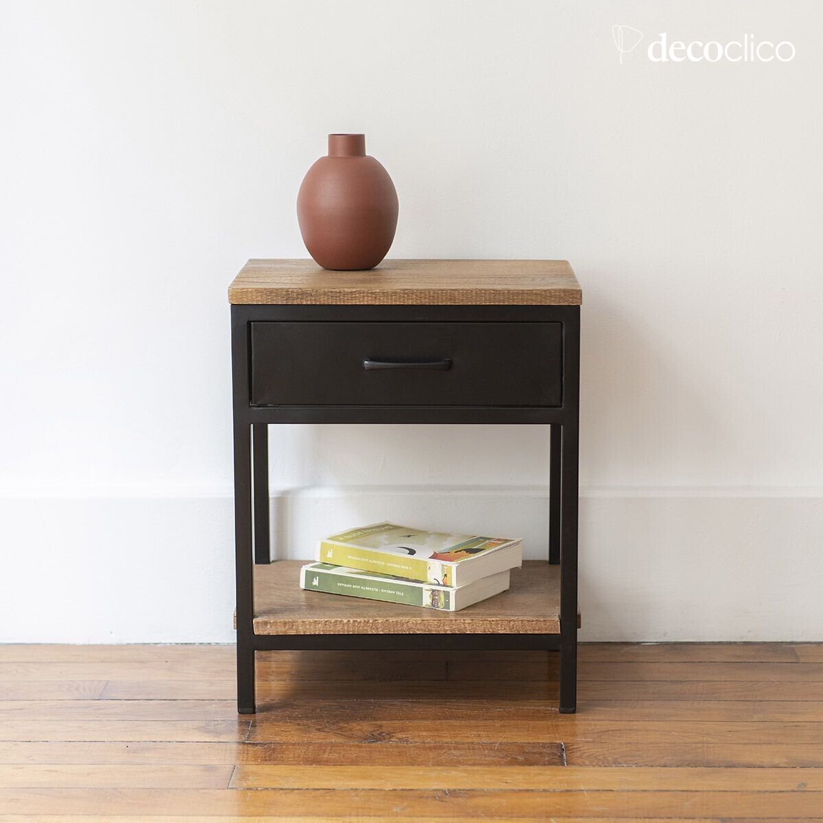 Bedside table in matt black metal with mango wood top and 1 drawer Brooke