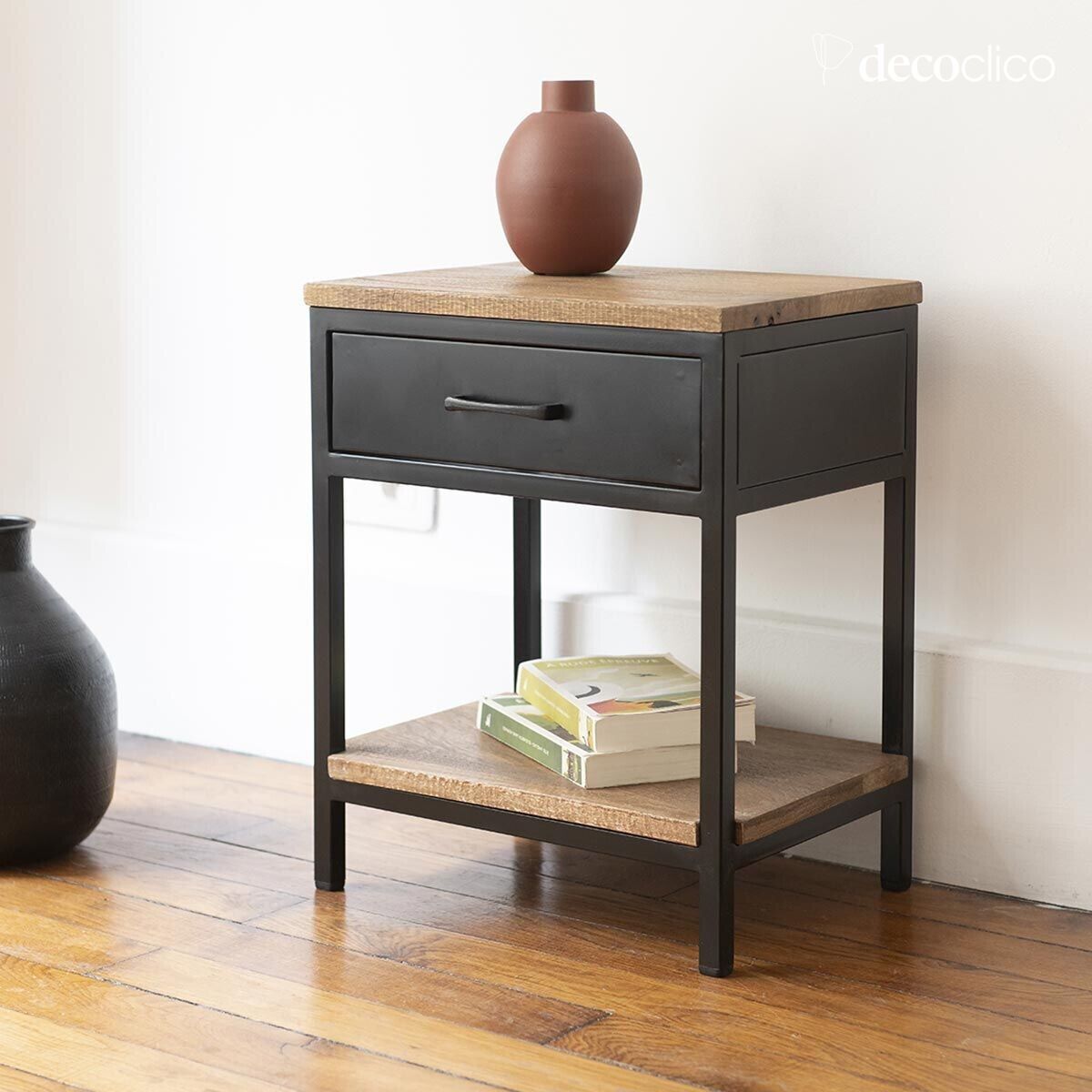 Bedside table in matt black metal with mango wood top and 1 drawer Brooke