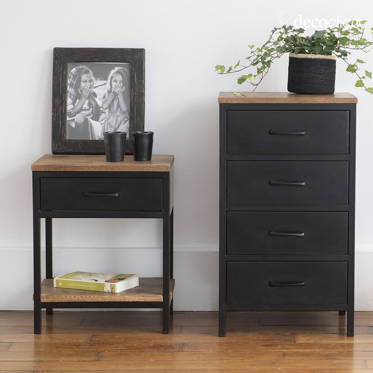 Bedside table in matt black metal with mango wood top and 1 drawer Brooke