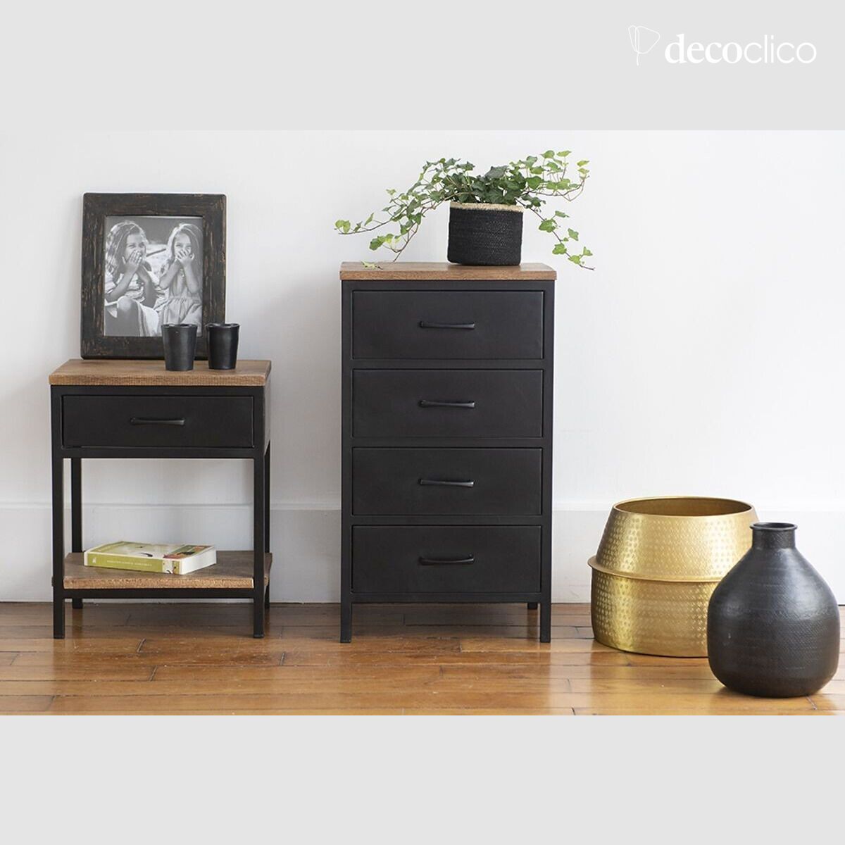 Bedside table in matt black metal with mango wood top and 1 drawer Brooke