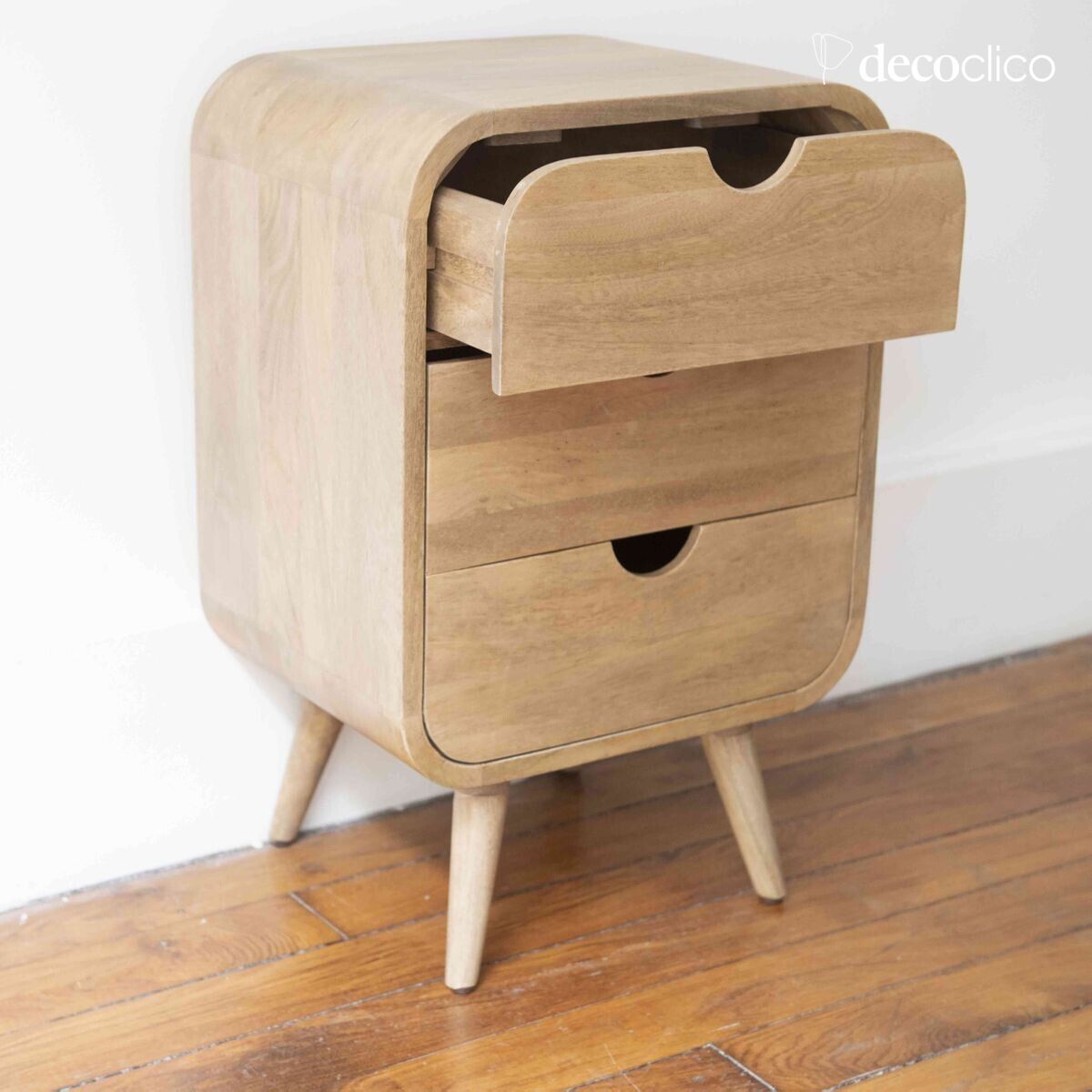 Bedside table in stained mango wood with 3 drawers Hanko