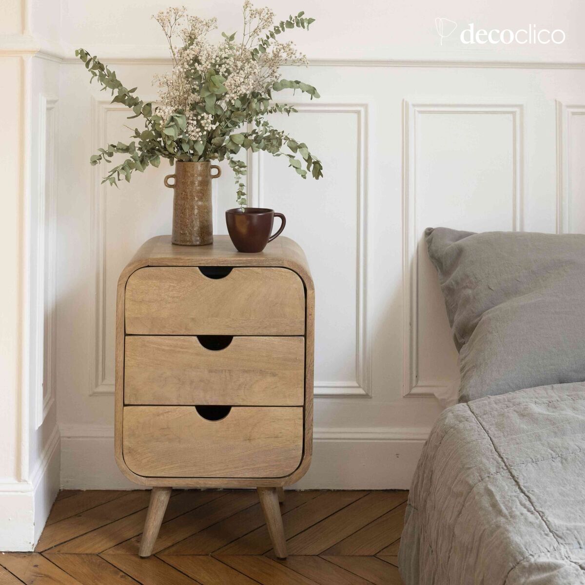 Bedside table in stained mango wood with 3 drawers Hanko