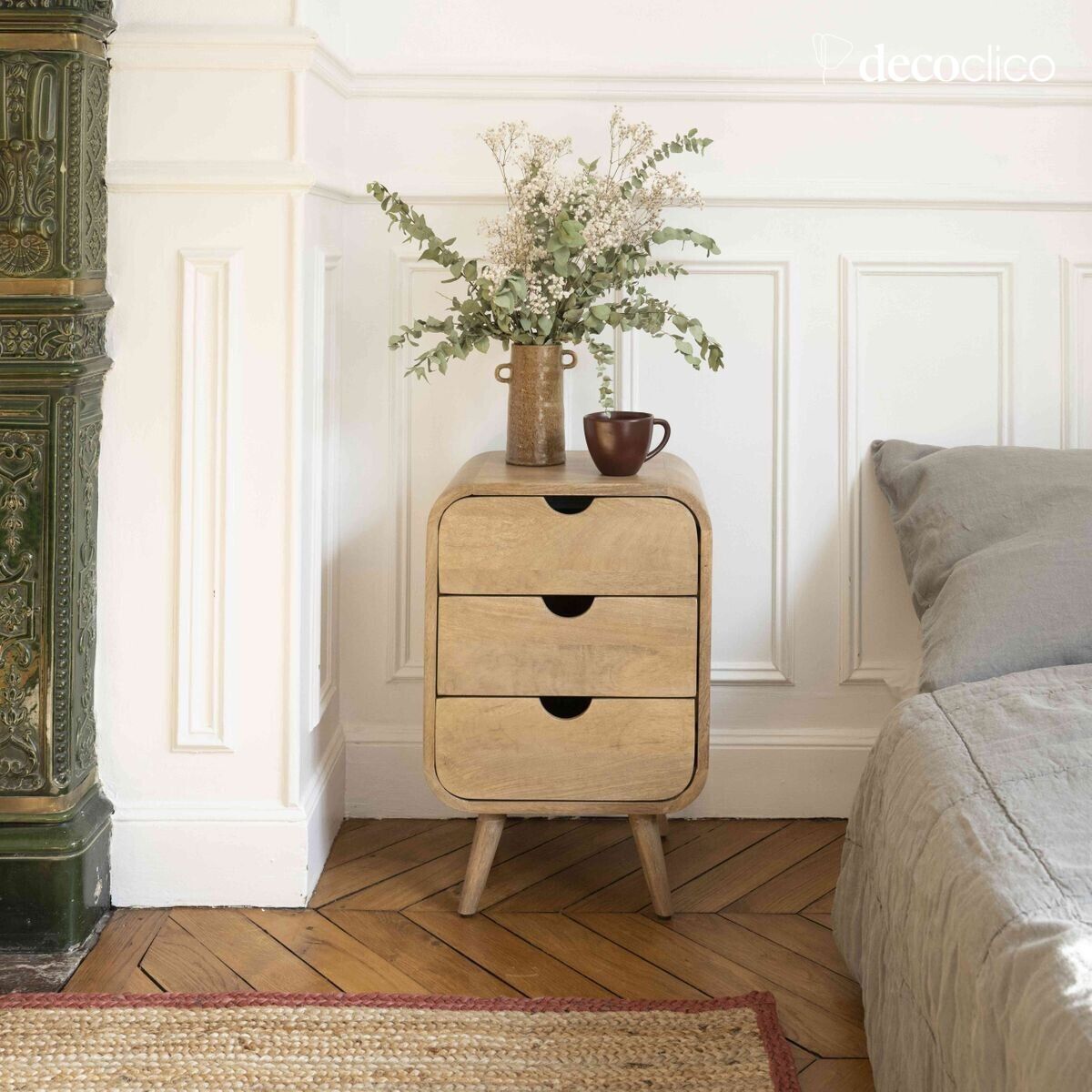 Bedside table in stained mango wood with 3 drawers Hanko