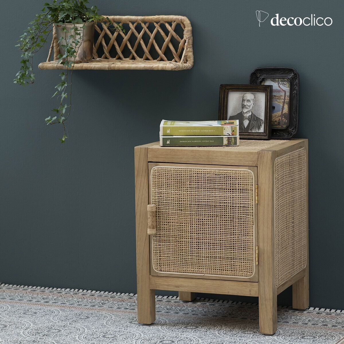 Bedside table with 1 door in oak and cane Casatera
