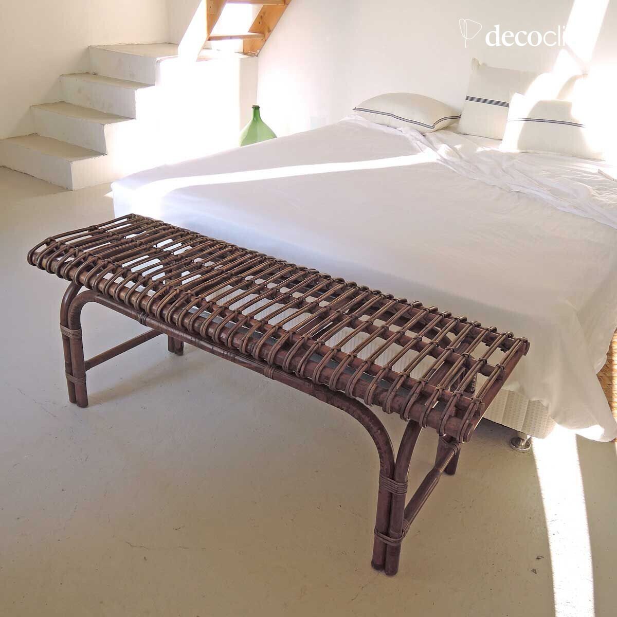Bench for the end of a bed in woven natural rattan