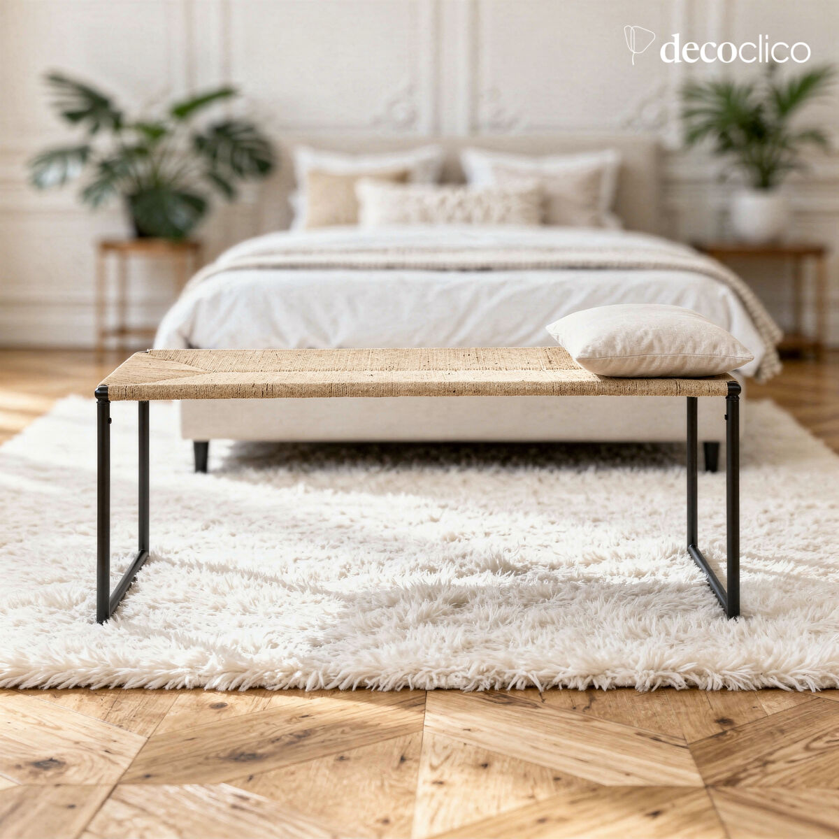 Bench for the end of the bed in matt black metal and rope